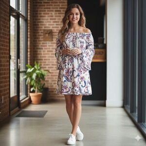 Lildy Tunic Dress Womens Large/XL White Pink Paisley Off The Shoulder Party Boho